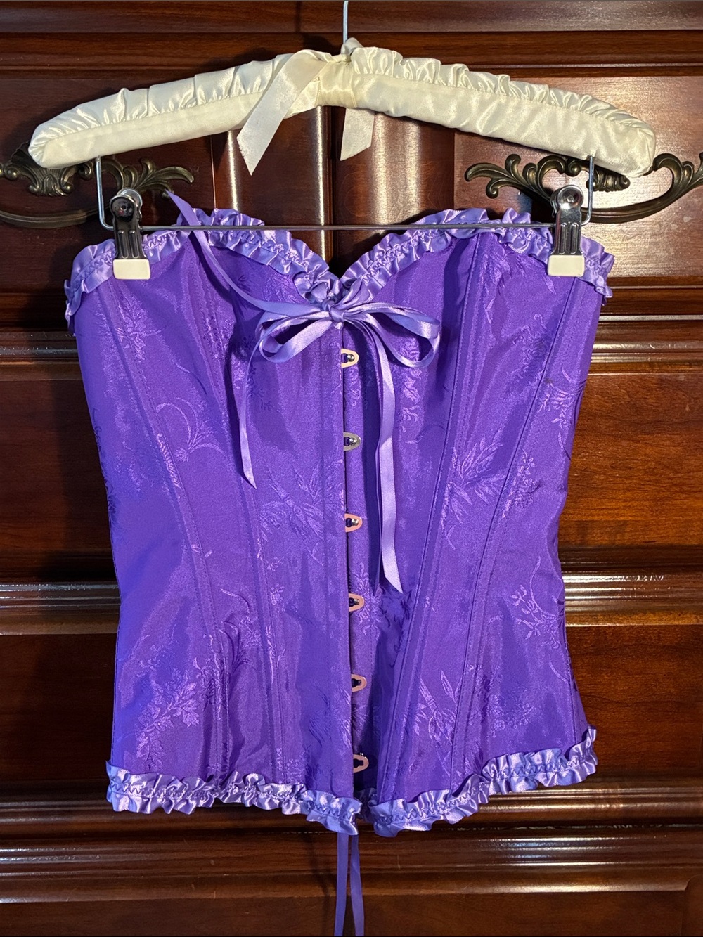 Lavender Purple Satin Floral Corset Top with Front Ribbon